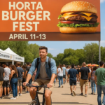 A lively outdoor scene at Horta Burger Fest 2025, held on April 11-13. A large crowd gathers under a banner displaying "Horta Burger Fest April 11-13" with a giant burger image. People line up at food stalls like "Estrella Galícia" and "Comoungusa," while others enjoy the festival atmosphere with a bounce house in the background.