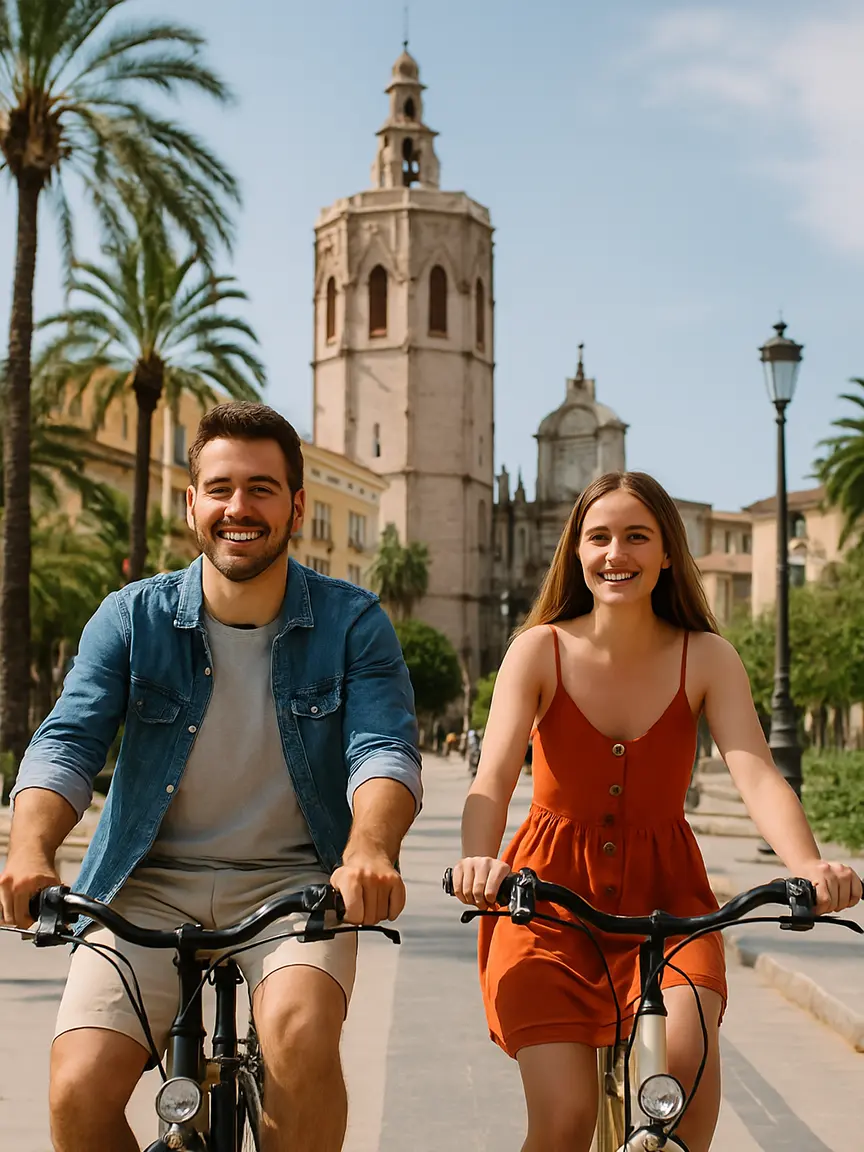 Two people ride bicycles on a sunny street in Valencia, with a tall historic tower in the background, capturing the vibrant atmosphere of PROAVA 2025. Palm trees and a clear blue sky add to the Mediterranean charm.