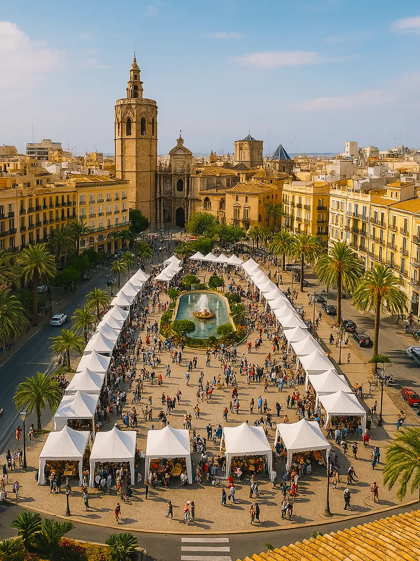 An aerial view of a bustling festival in a Valencia plaza during PROAVA 2025, featuring numerous white tents, a central fountain, and historic architecture, including a tall tower. Crowds enjoy the event amidst palm trees and sunny weather.