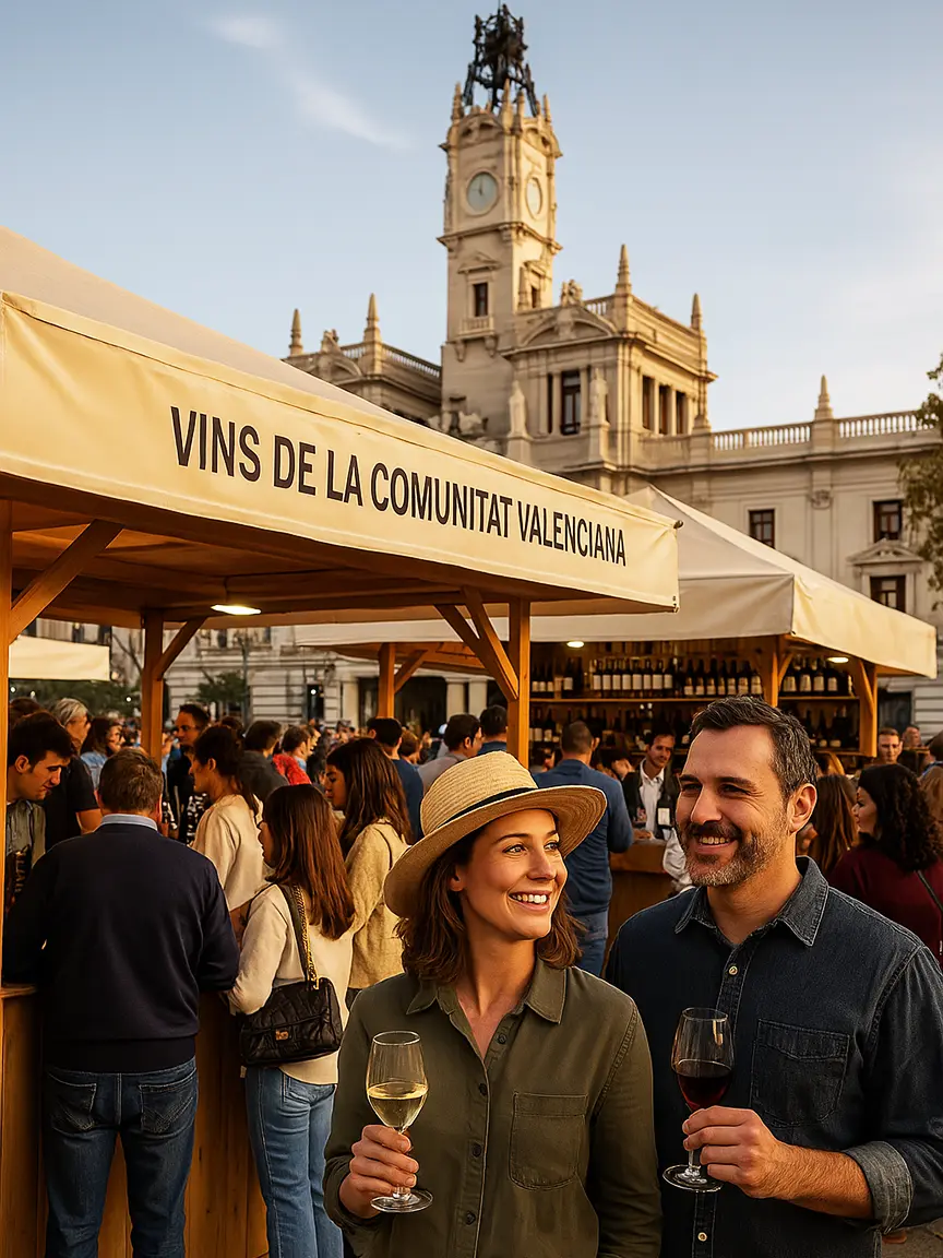 Two smiling individuals hold wine glasses at a market stall during PROAVA 2025 in Valencia, with a historic building and clock tower in the background. The stall's sign reads "Vins de la Comunitat Valenciana," showcasing local wines.