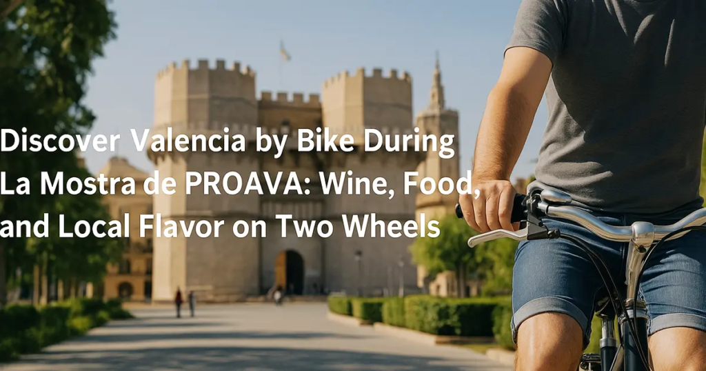 A person rides a bicycle on a scenic path in Valencia with a historic castle in the background, promoting PROAVA 2025. Text overlay reads, "Discover Valencia by Bike During La Mostra de PROAVA: Wine, Food, and Local Flavor on Two Wheels.