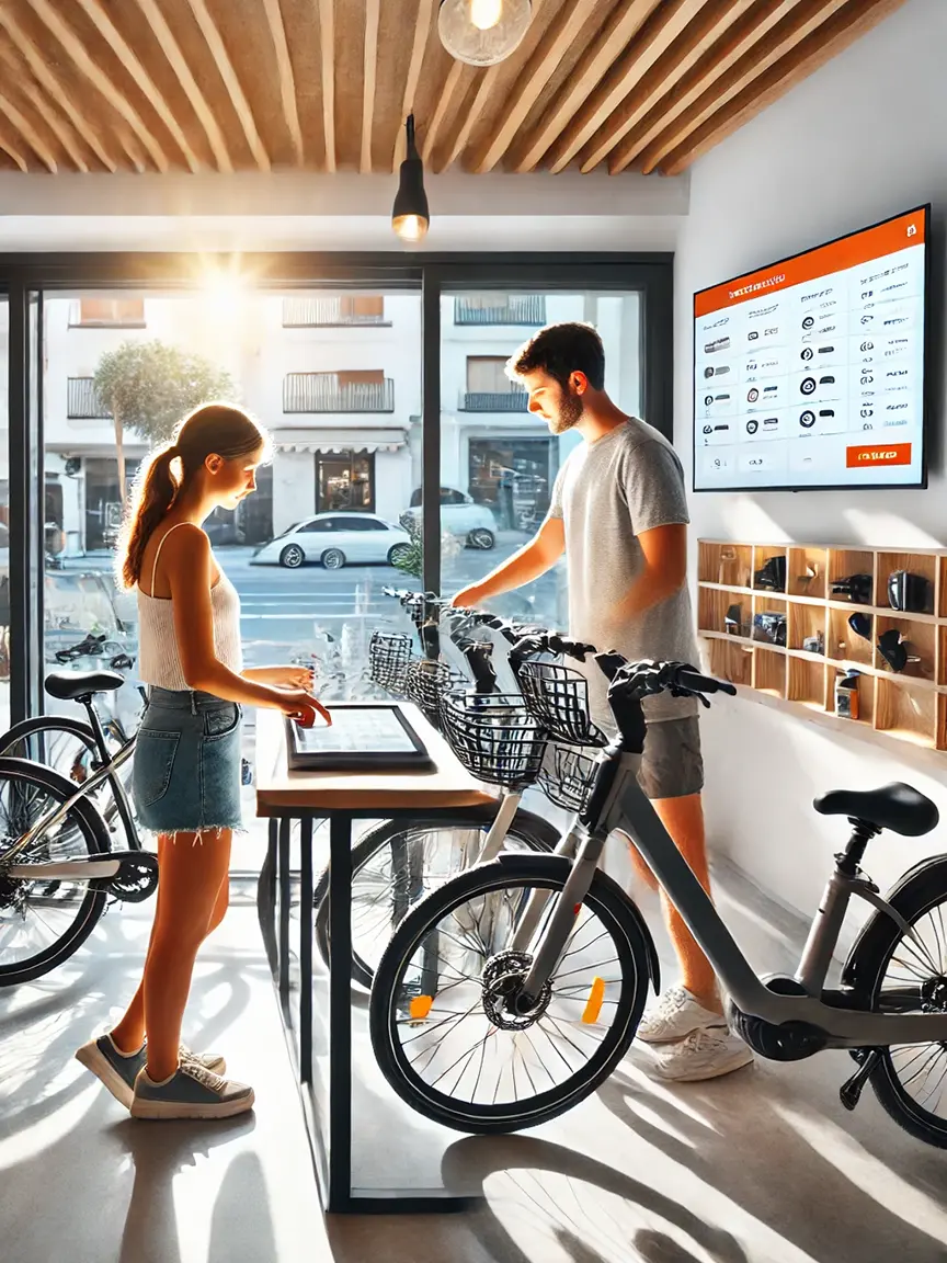 A bright, modern bike rental shop with wooden ceiling accents and large windows letting in sunlight, showing a street view outside. A woman in a white tank top and denim shorts interacts with a tablet on a counter, while a man in a gray t-shirt and shorts stands nearby, adjusting a bicycle with a basket. Several bikes with black frames and baskets are displayed, ready for rental. A large screen on the wall displays a user-friendly interface for Pulso, an advanced bike rental and reservation management software, showcasing available bikes and booking options, enhancing the rental experience with efficient management and reservations. Shelves with bike accessories line the wall in the background.
