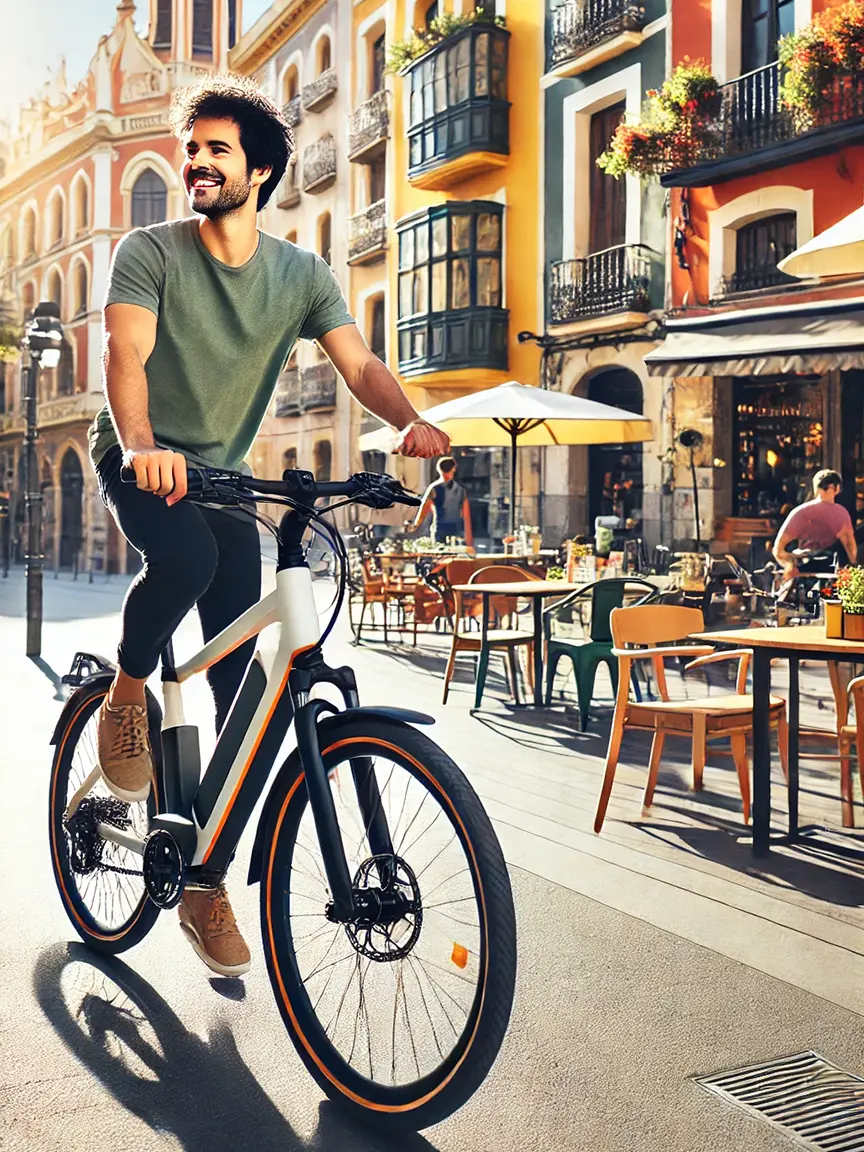 A cheerful man in a green t-shirt and black pants rides an electric bike with orange-accented tires through a picturesque street in Valencia, Spain. The sun casts a warm glow on colorful buildings with flower-decorated balconies and outdoor cafes with tables and umbrellas, creating a lively atmosphere. In the background, people enjoy the scenic urban setting, perfect for a bike tour. This image inspires travelers to book a bike tour in Valencia, offering a fun and eco-friendly way to explore the city’s charm and landmarks.