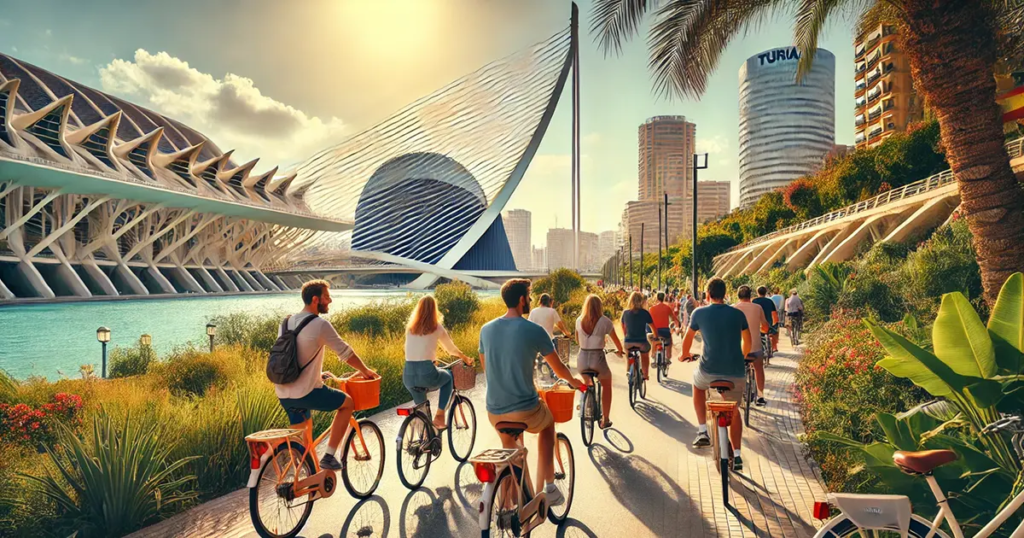 A vibrant scene of people riding bicycles along a scenic path in a modern city, with the iconic architecture of the City of Arts and Sciences in Valencia, Spain, visible in the background. The sun shines brightly over the waterway, illuminating lush greenery, palm trees, and contemporary buildings, including the Turia tower. The cyclists, enjoying a leisurely ride, use bikes that could be managed through Pulso, an advanced bike rental and reservation management software, enhancing their rental experience with seamless booking and tracking.