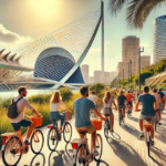 A vibrant scene of people riding bicycles along a scenic path in a modern city, with the iconic architecture of the City of Arts and Sciences in Valencia, Spain, visible in the background. The sun shines brightly over the waterway, illuminating lush greenery, palm trees, and contemporary buildings, including the Turia tower. The cyclists, enjoying a leisurely ride, use bikes that could be managed through Pulso, an advanced bike rental and reservation management software, enhancing their rental experience with seamless booking and tracking.