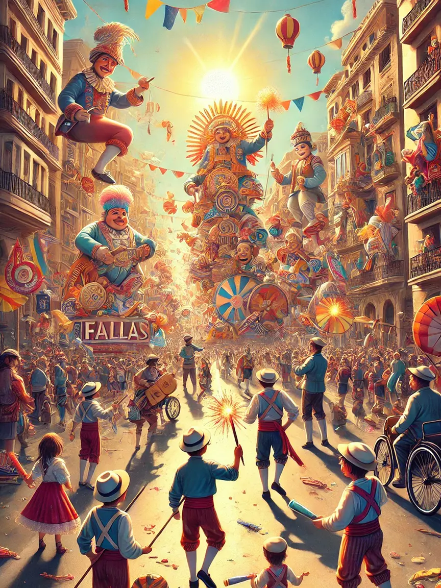Vibrant scene of the Fallas 2025 festival in Valencia, Spain, featuring colorful, towering parade floats with whimsical characters, traditional costumes, fireworks, and a lively crowd celebrating in the streets under a bright sun, with banners and lanterns decorating the cityscape.
