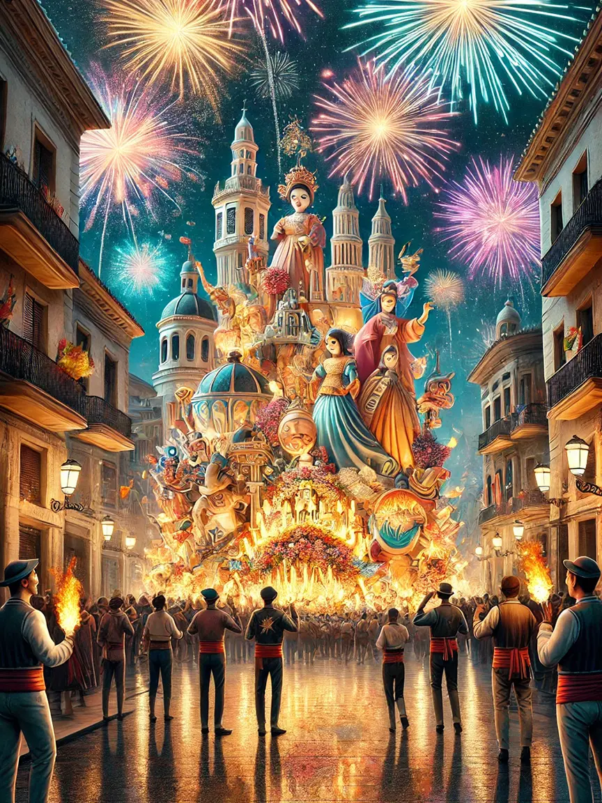 Vibrant scene of the Fallas 2025 festival in Valencia, Spain, featuring a towering, illuminated float with whimsical figures in traditional attire, surrounded by a crowd holding torches. Colorful fireworks explode in the night sky above historic buildings with balconies, casting a warm glow on the festive street below.