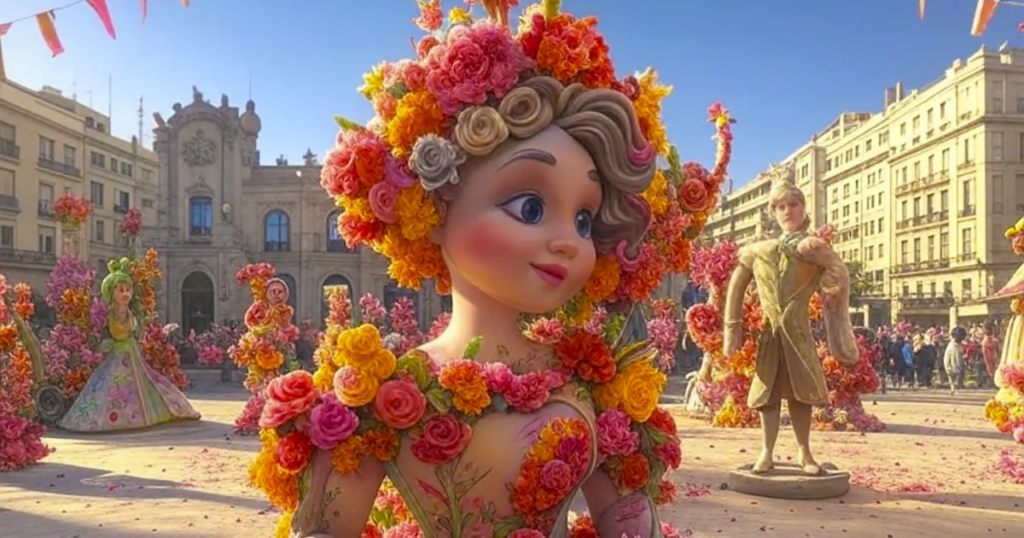 Vibrant scene of Fallas 2025 in Valencia, featuring large, colorful flower-covered figures, including a prominent female figure adorned with roses and marigolds, and a male figure similarly decorated, set against the backdrop of a historic plaza with ornate buildings and a festive crowd under a clear blue sky.