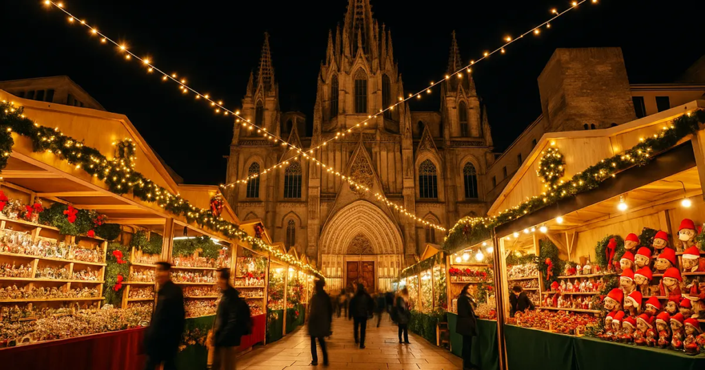 Wide view of decorated Christmas market stalls and the Barcelona Cathedral under string lights at Fira de Santa Llúcia in Barcelona 2025-2026: Christmas Market Guide.