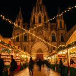 Wide view of decorated Christmas market stalls and the Barcelona Cathedral under string lights at Fira de Santa Llúcia in Barcelona 2025-2026: Christmas Market Guide.