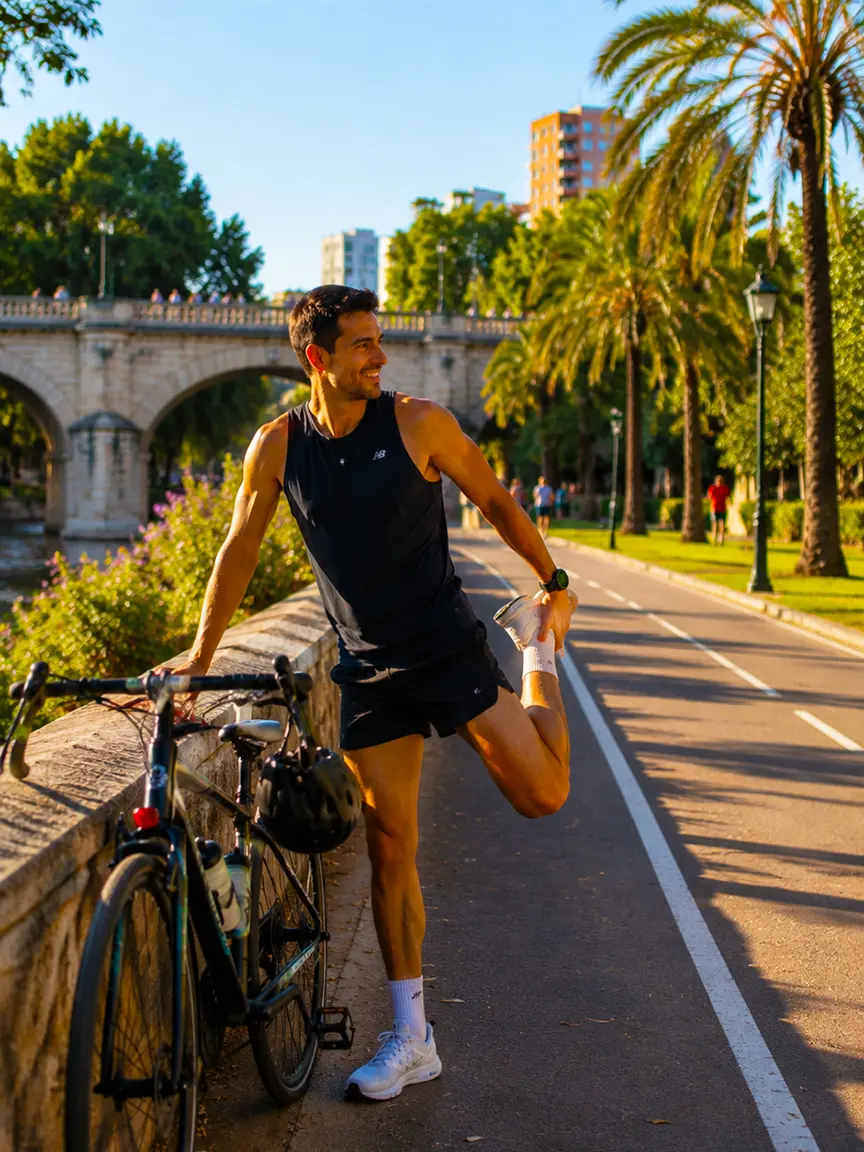Athletic man stretching before a workout with his bicycle on a scenic Valencia path near a historic bridge and palm trees, Gay Games Valencia 2026.