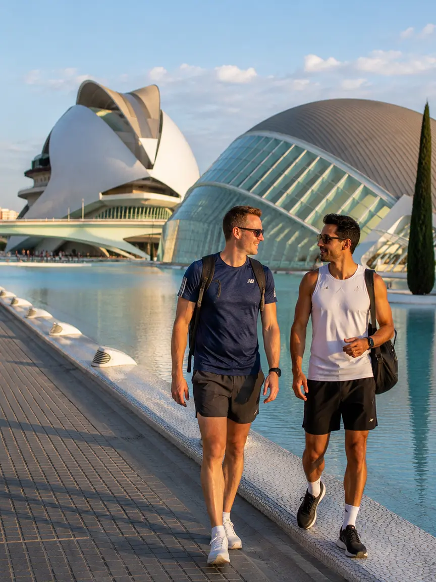 Two friends walking and talking along the promenade at the City of Arts and Sciences in Valencia, enjoying the modern architecture, Gay Games Valencia 2026.