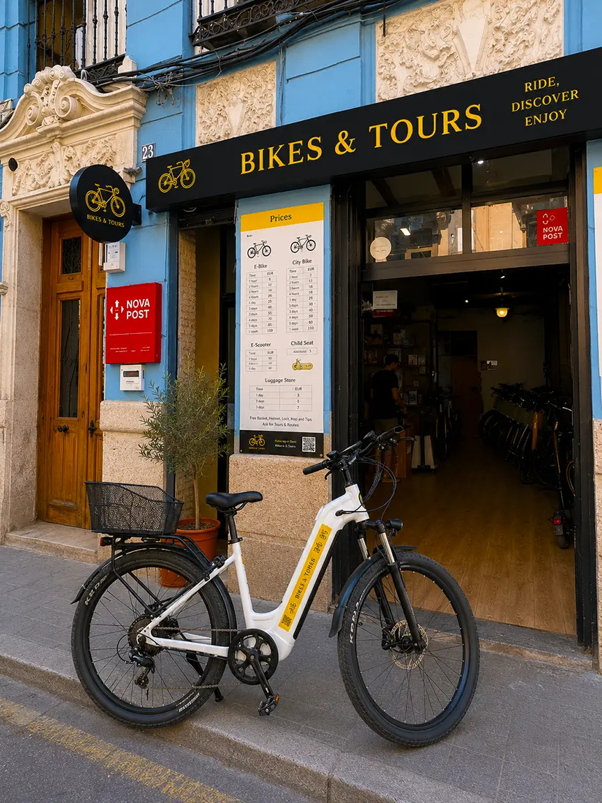 White electric bicycle parked in front of a 'Bikes & Tours' rental shop on a colorful Valencia street, Gay Games Valencia 2026.
