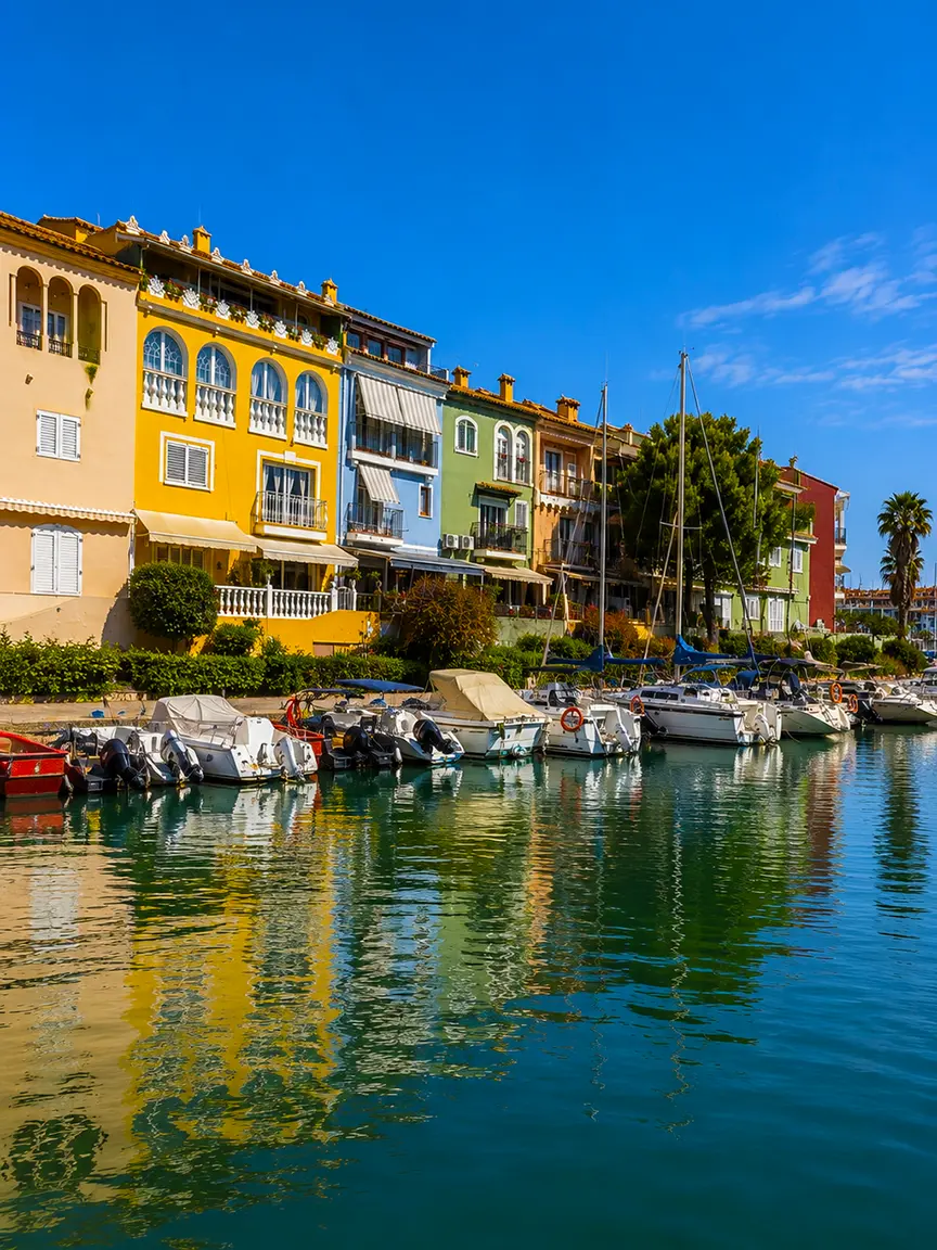 Vibrant colorful harbor buildings and boats reflecting on the water in Valencia under a clear blue sky, Gay Games Valencia 2026.