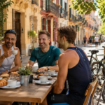 Group of smiling men enjoying coffee and conversation at an outdoor café in Valencia during Gay Games Valencia 2026, with bicycles parked nearby on a sunny street.