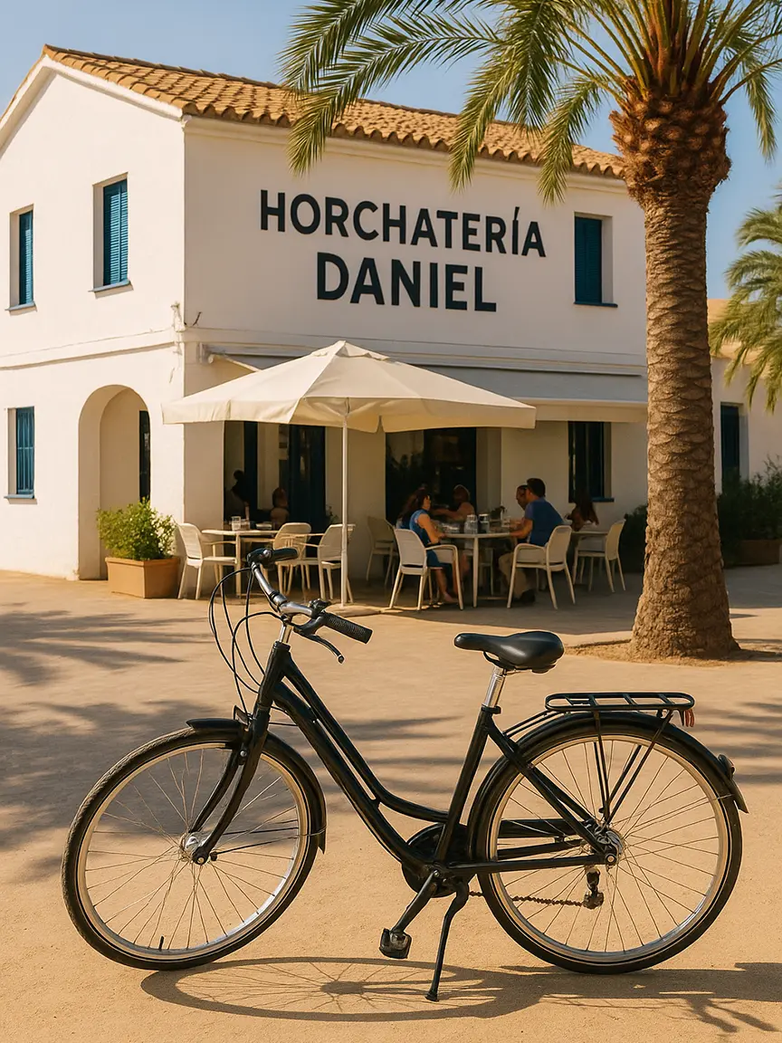 A bicycle parked in front of Horchatería Daniel, a white building with palm trees and outdoor seating, along the Horchata Route.