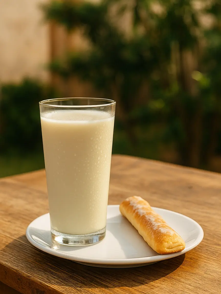 A refreshing glass of horchata and a breadstick on a wooden table, set against a blurred green backdrop, capturing a moment on the Horchata Route.