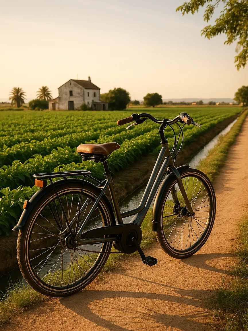 A bicycle on a rural path next to a canal, with lush fields, palm trees, and an old house in the background, capturing the charm of the Horchata Route.