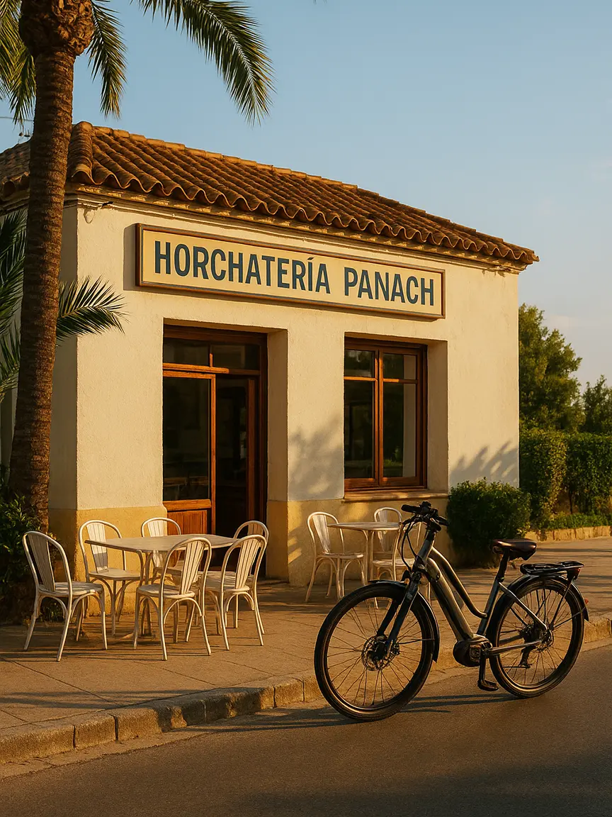 A bicycle resting near Horchatería Panach, a quaint building with outdoor tables, palm trees, and a tiled roof, on the Horchata Route.