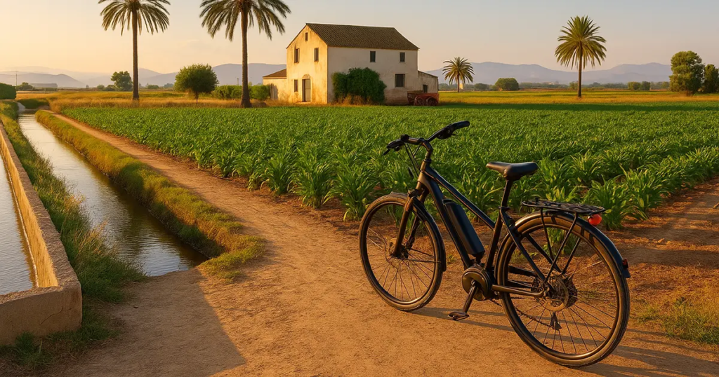 A bicycle on a dirt path beside a canal, surrounded by green fields, palm trees, and a distant farmhouse, showcasing the scenic Horchata Route.