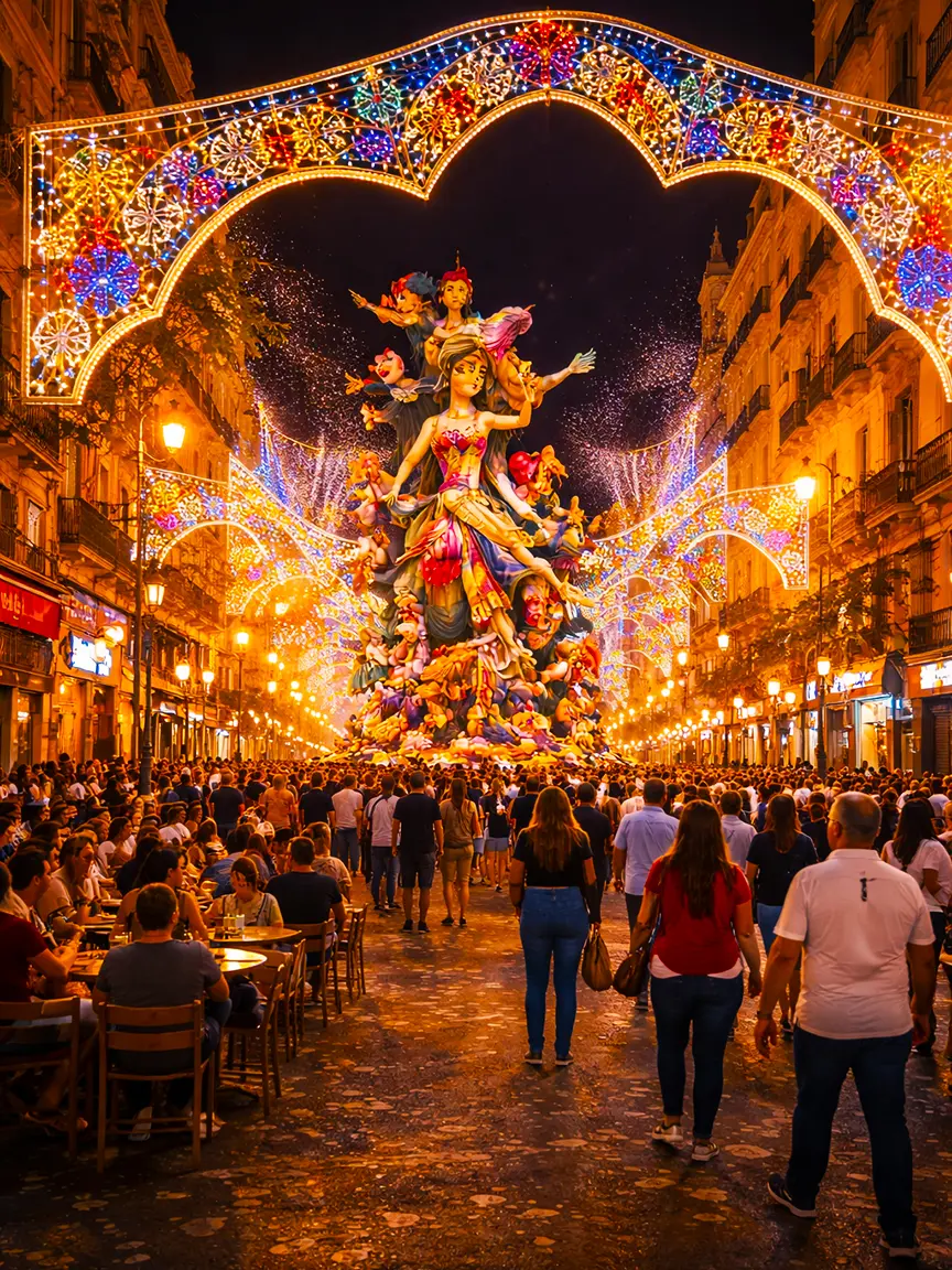 Night scene of a massive illuminated Fallas Valencia 2026 sculpture surrounded by glowing decorative light arches and crowds of festival-goers on a festive street