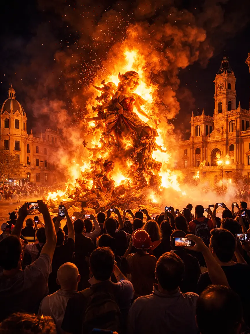 A giant Fallas sculpture engulfed in dramatic flames during the La Cremà burning ceremony at Fallas Valencia 2026, with crowds filming against a backdrop of historic buildings