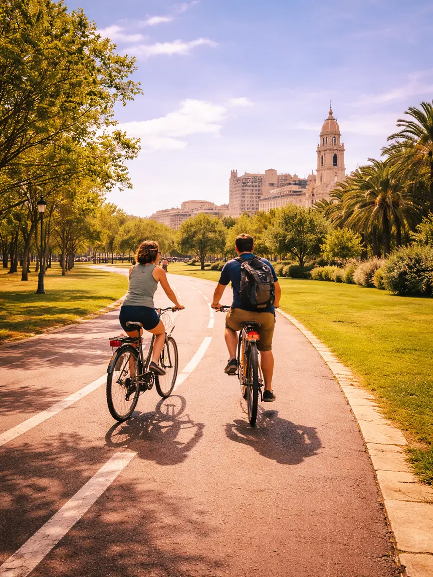 A couple cycling along a wide tree-lined bike path in Valencia's Turia Gardens with a historic tower in the background — a scenic route for discovering Fallas Valencia 2026 by bike