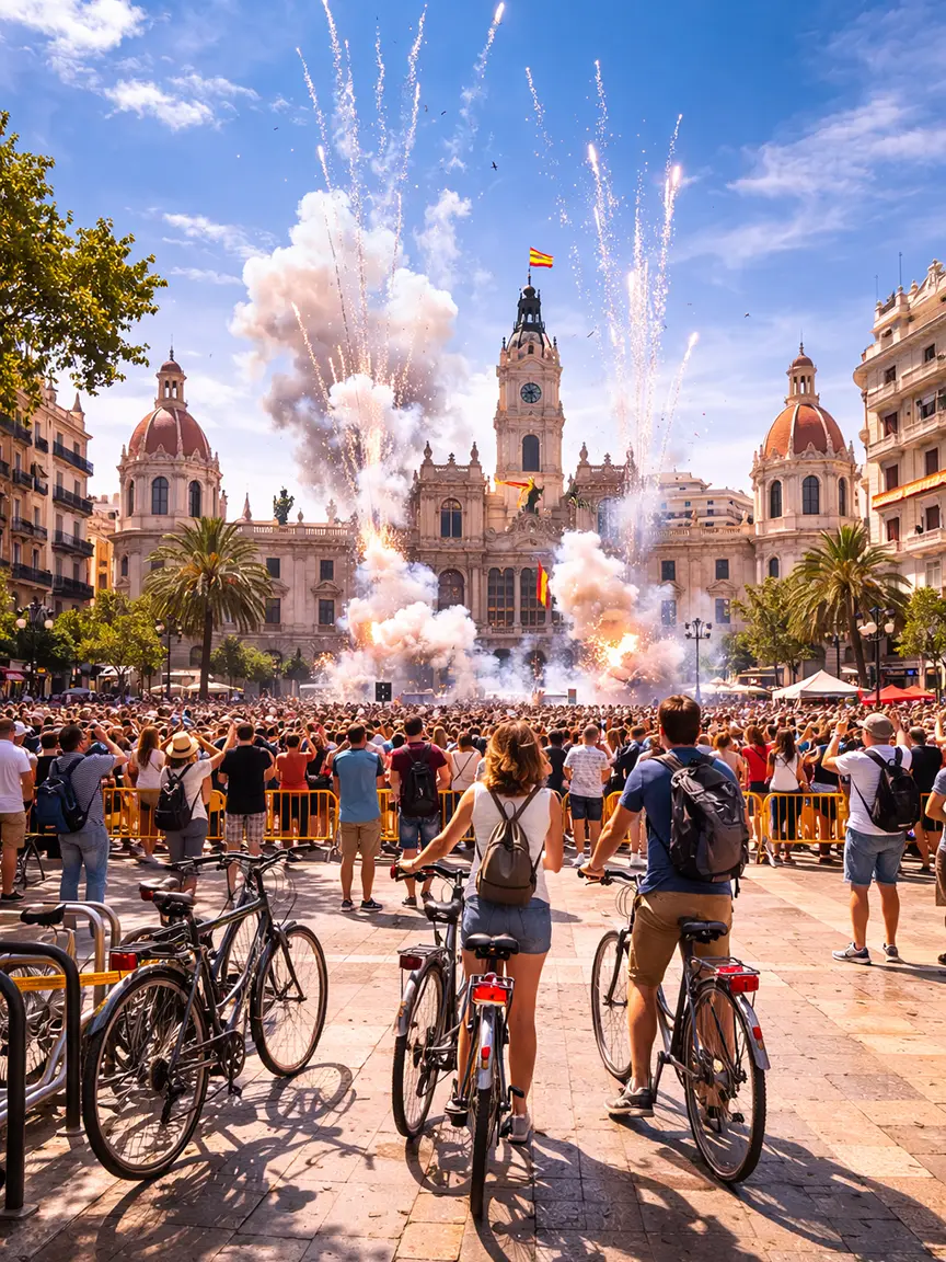 Two cyclists pausing at Plaza del Ayuntamiento to watch the Mascletà fireworks display exploding over Valencia's City Hall during Fallas Valencia 2026