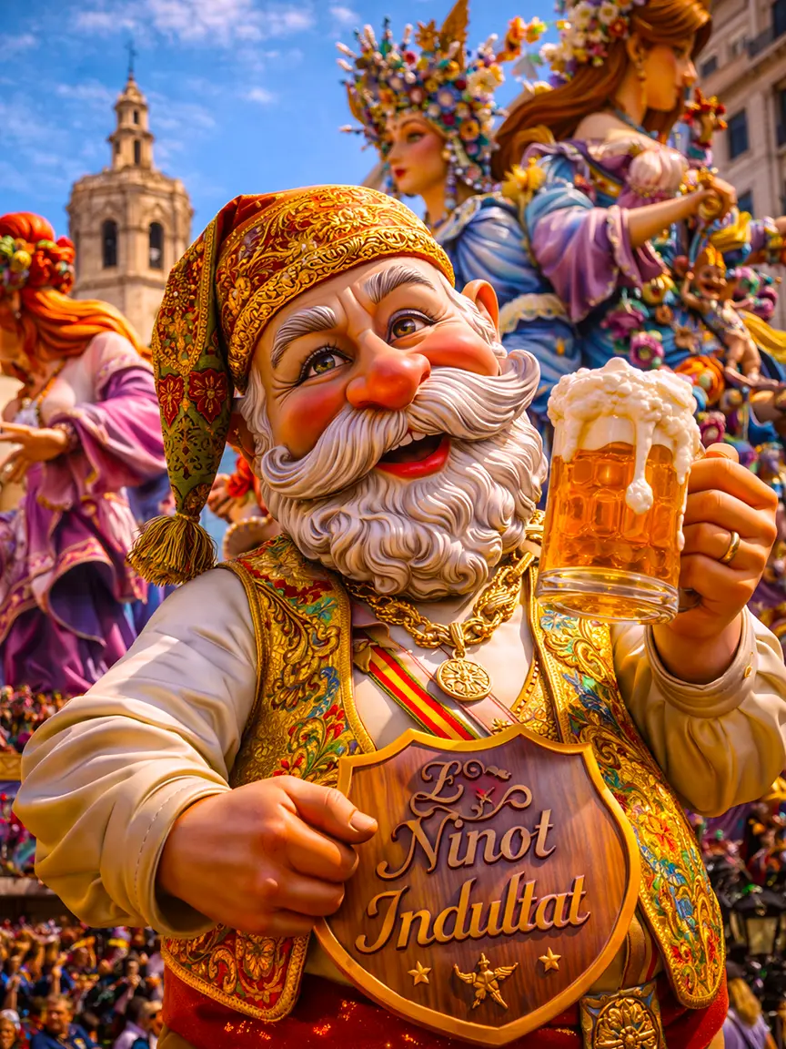 Close-up of a cheerful Ninot Indultat figurine holding a beer stein, with colorful Fallas Valencia 2026 sculptures and the cathedral bell tower visible in the background