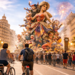 Two cyclists riding through a crowd-filled Valencia street toward a towering colorful Fallas sculpture with fireworks overhead — exploring Fallas Valencia 2026 by bike