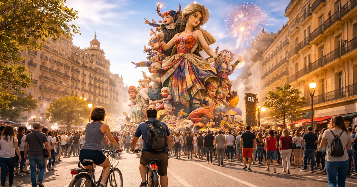 Two cyclists riding through a crowd-filled Valencia street toward a towering colorful Fallas sculpture with fireworks overhead — exploring Fallas Valencia 2026 by bike