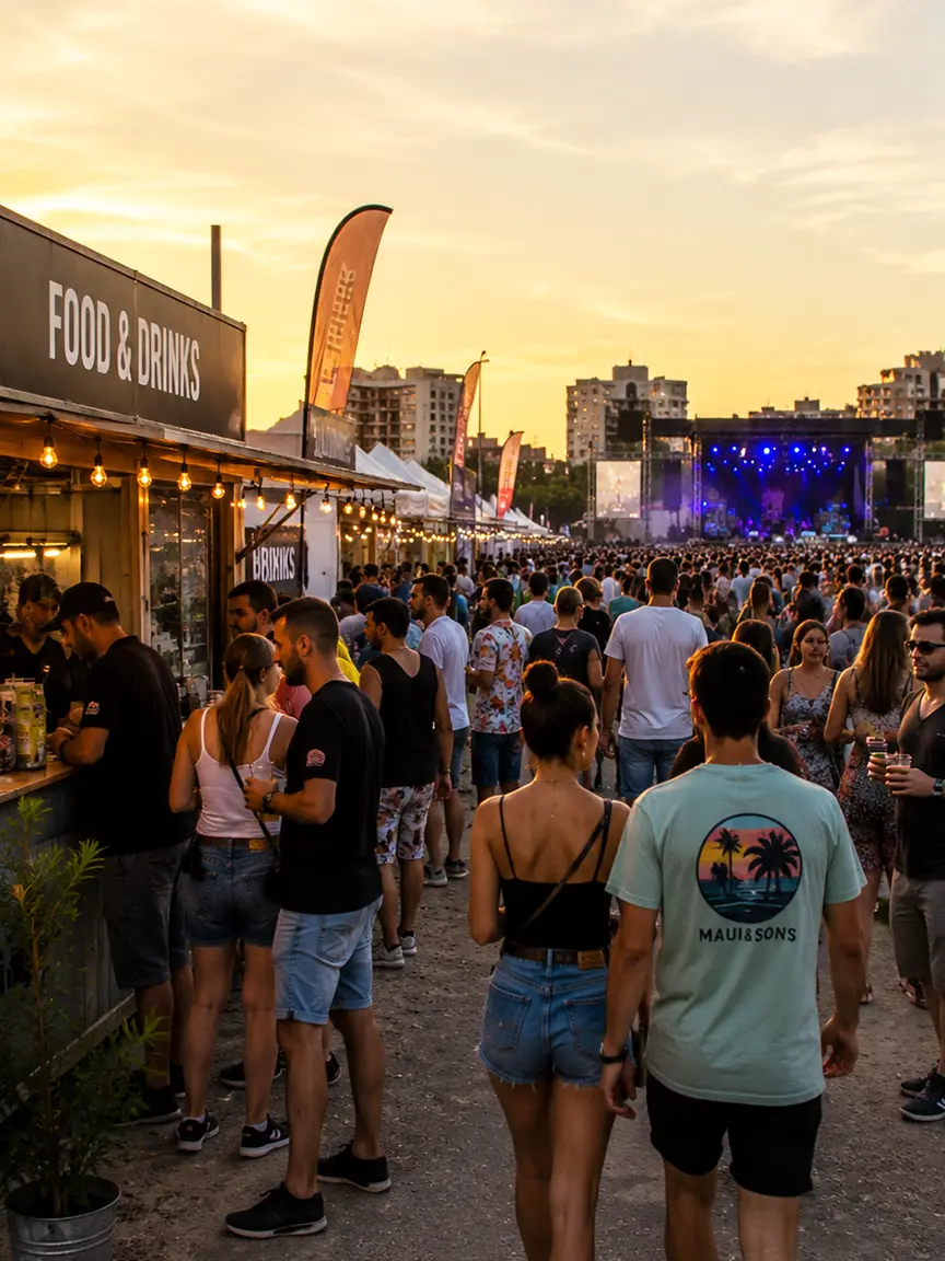 People queuing at food and drinks stalls in the lively evening atmosphere of Macromascletà Universal Valencia 2026, with a large crowd heading toward the illuminated main stage.