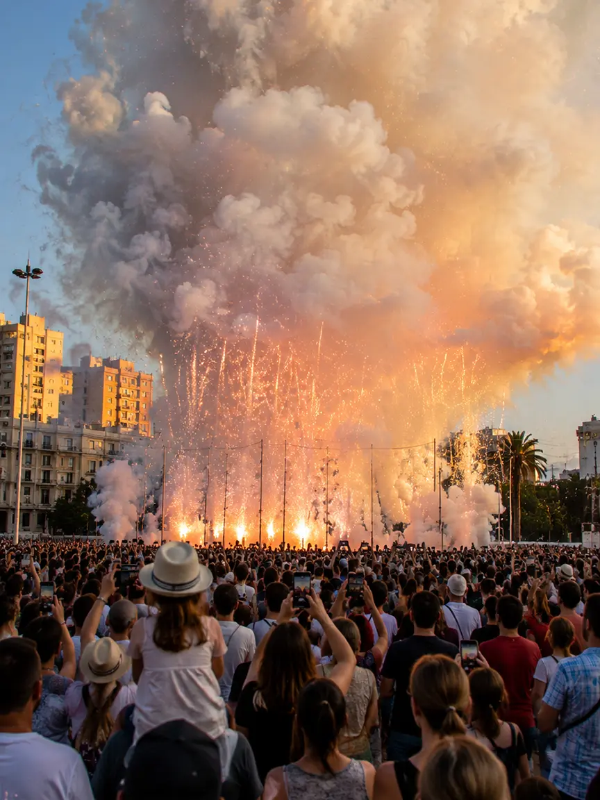 Spectacular firework and pyrotechnic explosion lighting up the sky with smoke and sparks at Macromascletà Universal Valencia 2026, watched by a huge crowd in the city square.