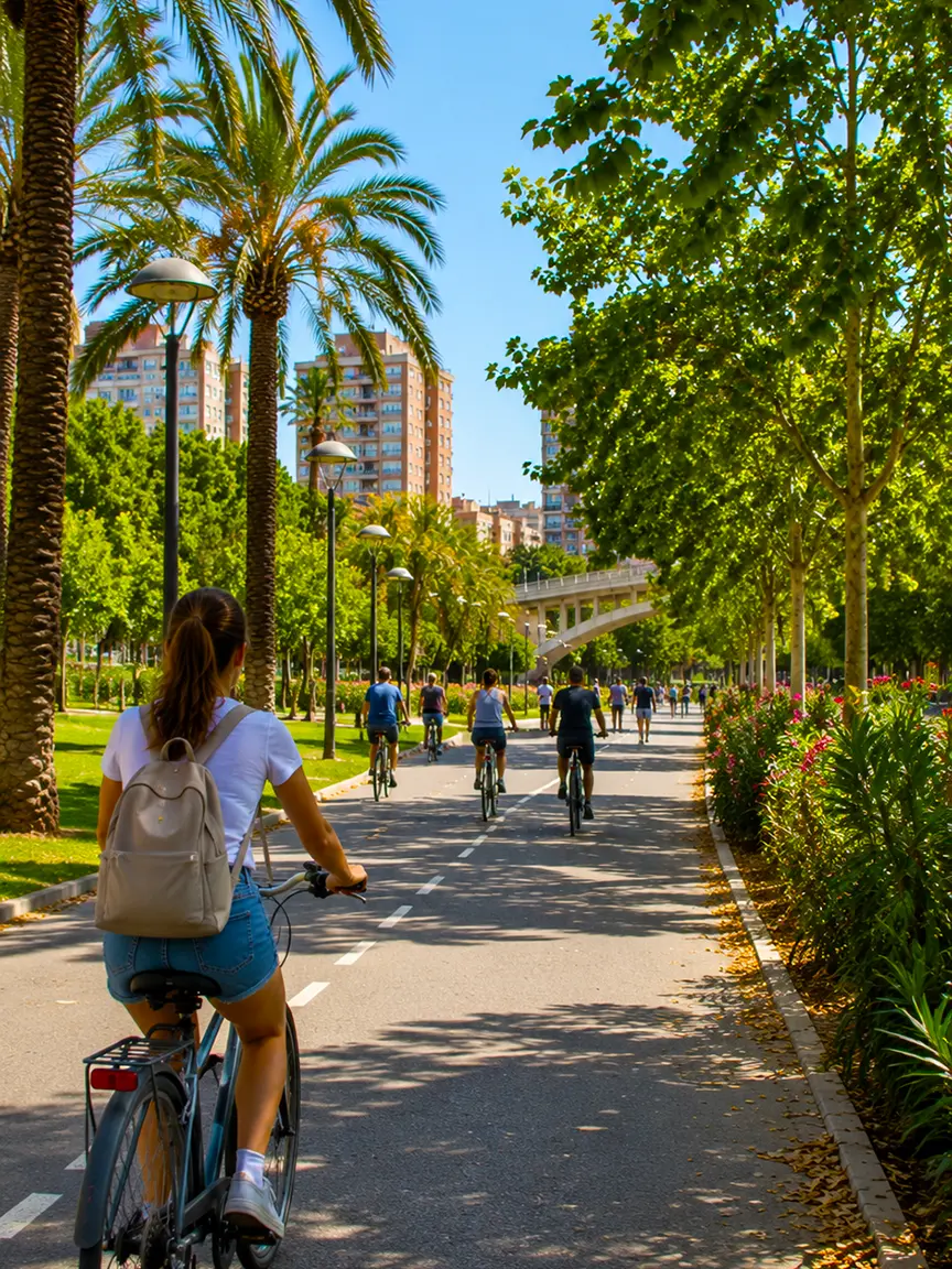 People cycling along a scenic palm-lined path in a sunny park during Macromascletà Universal Valencia 2026, showcasing Valencia’s green urban spaces.