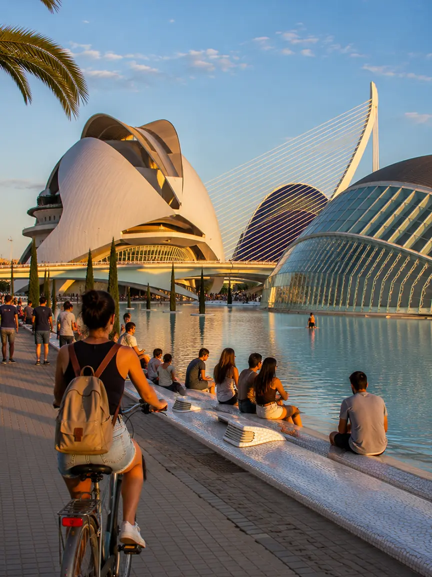 Cyclist enjoying the view of the futuristic City of Arts and Sciences architecture by the water at dusk during Macromascletà Universal Valencia 2026.