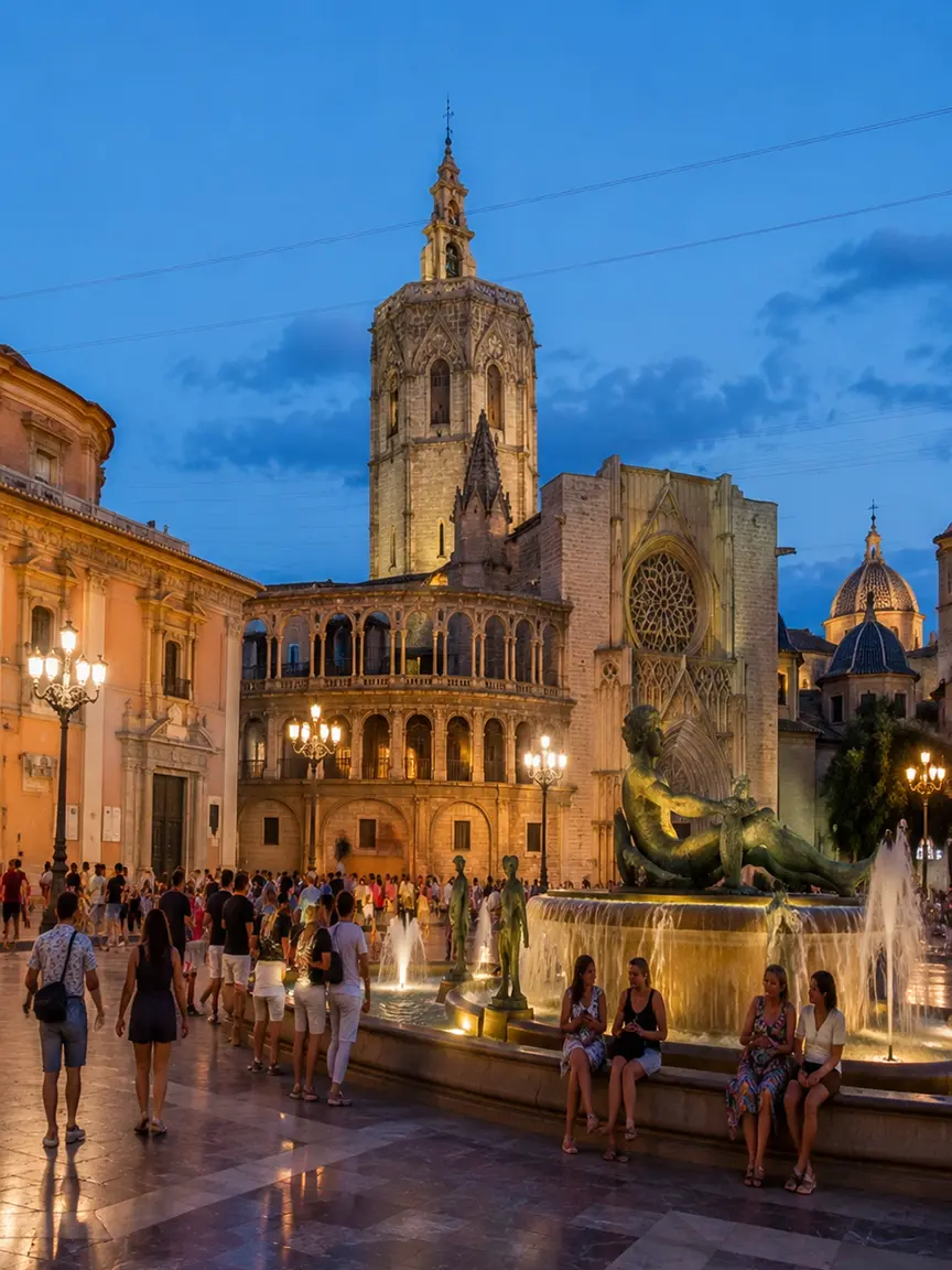 Crowd gathered in the illuminated historic square with the Valencia Cathedral and fountain at twilight during Macromascletà Universal Valencia 2026.