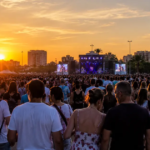 Vibrant crowd enjoying a live concert at sunset during Macromascletà Universal Valencia 2026, with a brightly lit stage against the orange sky and city skyline.