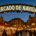 Mercados de Navidad in Valencia 2025-2026 entrance arch with illuminated sign and festive Christmas market stalls at Plaza de la Reina