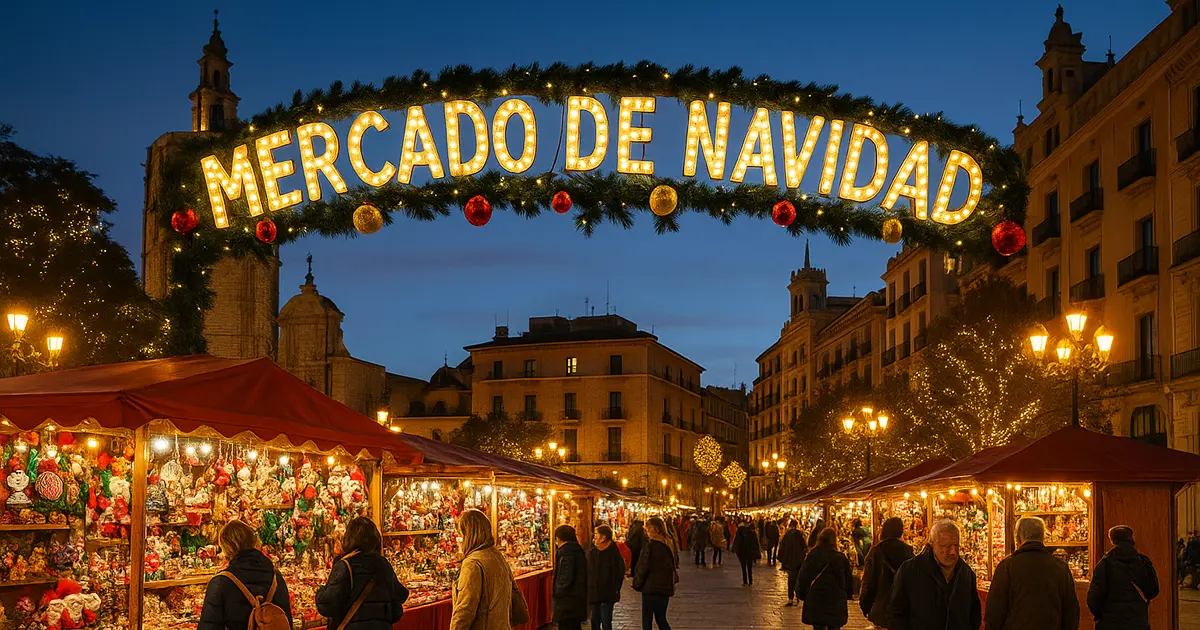 Mercados de Navidad in Valencia 2025-2026 entrance arch with illuminated sign and festive Christmas market stalls at Plaza de la Reina