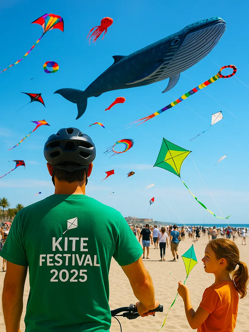 At the Valencia Kite Festival 2025, a person in a green "Kite Festival 2025" t-shirt and a child in an orange shirt fly a kite on a beach. The sky is vibrant with various kites, including a large whale-shaped kite, under a clear blue sky.