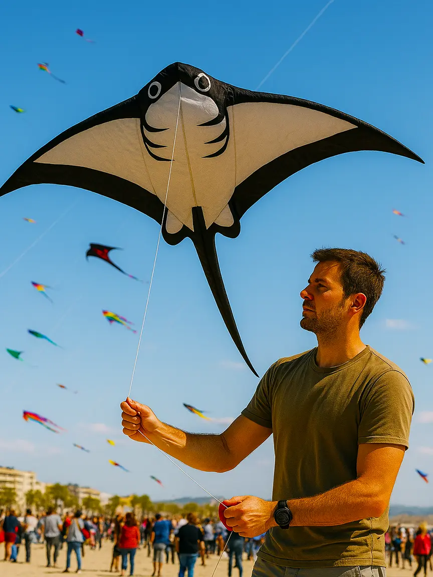 A person in a green t-shirt holds a manta ray-shaped kite at the Valencia Kite Festival 2025 on a sunny beach. The sky is filled with colorful kites, and a crowd of people enjoys the event in the background.