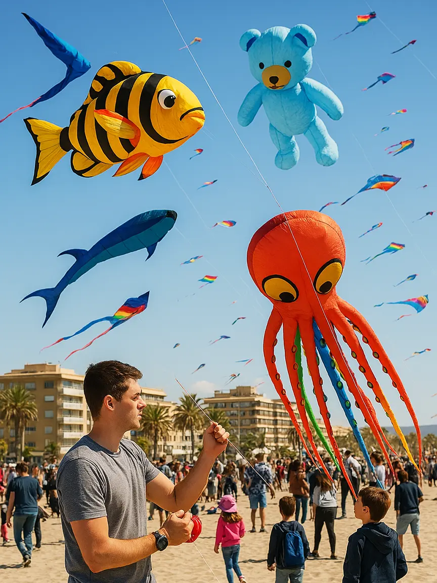 A person flies a fish-shaped kite at the Valencia Kite Festival 2025 on a crowded beach. The sky is dotted with colorful kites, including a teddy bear and an octopus, with buildings and palm trees lining the background.