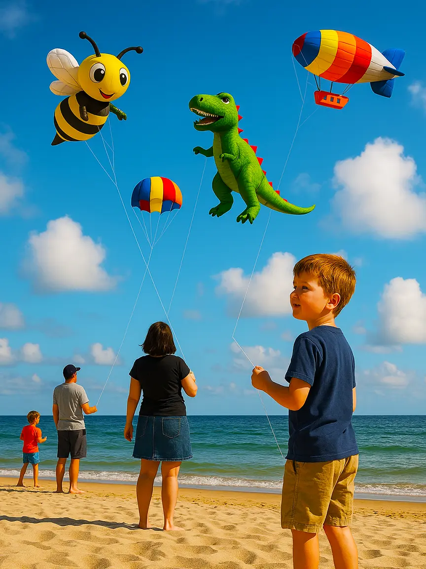 A family flying large, colorful kites, including a bee and dinosaur, on the beach during Valencia Kite Festival 2025.