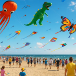 Valencia Kite Festival 2025 with colorful kites of various shapes flying over a crowded beach.