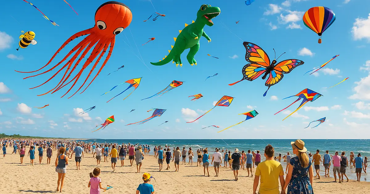 Valencia Kite Festival 2025 with colorful kites of various shapes flying over a crowded beach.