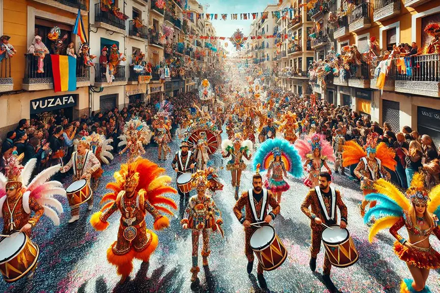 A vibrant night scene at the Ruzafa Carnival 2025, showcasing colorful costumes, illuminated street decorations, and crowds of people celebrating in a festive atmosphere.