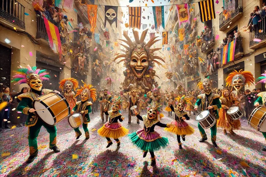 Ruzafa Carnival 2025 in full swing, featuring dazzling lights, intricate costumes, and lively street performances amid a bustling crowd under a glowing night sky.
