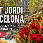 Sant Jordi Barcelona festival celebration featuring red roses and books displayed on a Barcelona street with the text "SANT JORDI BARCELONA - BOOKS, ROSES & A CITY THAT CELEBRATES LOVE - April 23" overlaid on the image.