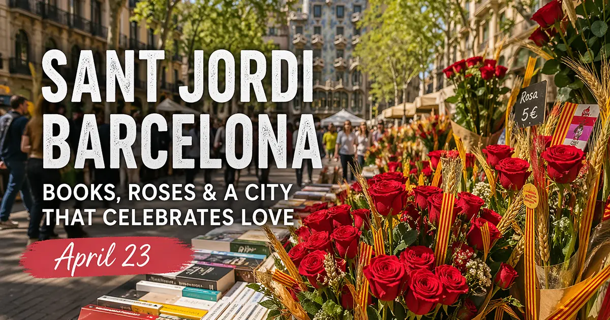 Sant Jordi Barcelona festival celebration featuring red roses and books displayed on a Barcelona street with the text "SANT JORDI BARCELONA - BOOKS, ROSES & A CITY THAT CELEBRATES LOVE - April 23" overlaid on the image.