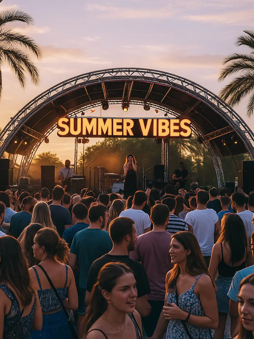 A lively outdoor concert with a "SUMMER VIBES" sign above the stage, featuring performers and a cheering crowd, hosted by Sephora Summer Vibes 2025 in Valencia.